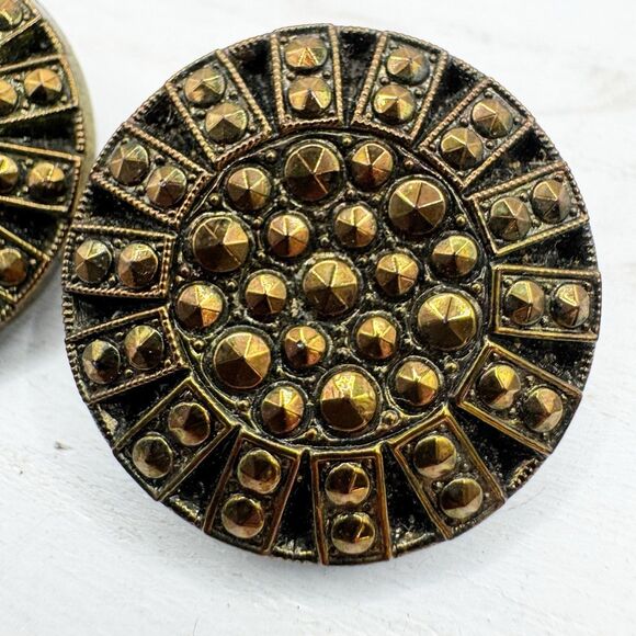 Vintage Czech Glass Black Copper Faux Marcasite Button Earrings Clip On Bohemian - Picture 2 of 5